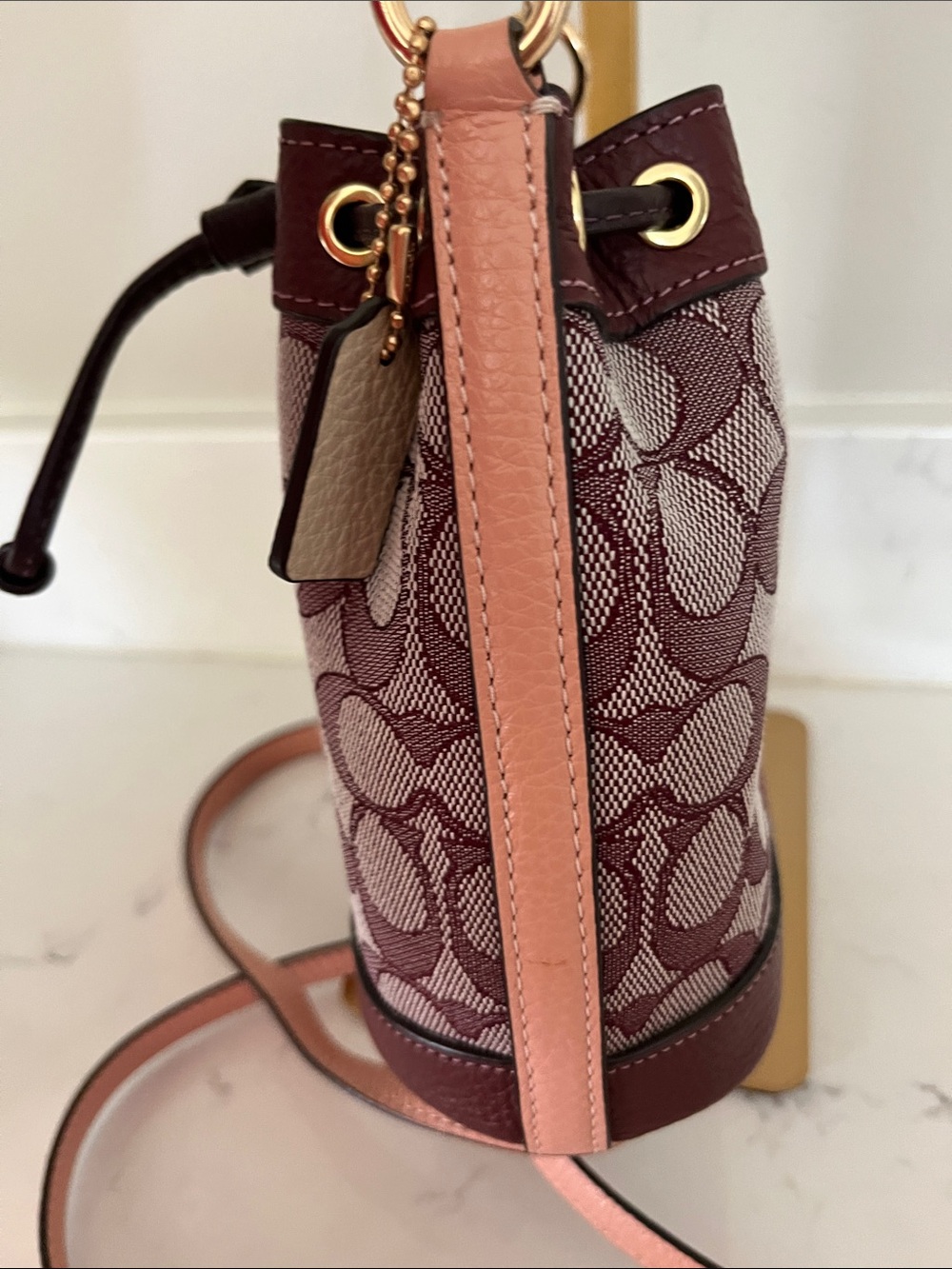 NWOT Coach Mini Dempsey Burgundy Signature Drawstring Bucket Bag - Picture 6 of 12